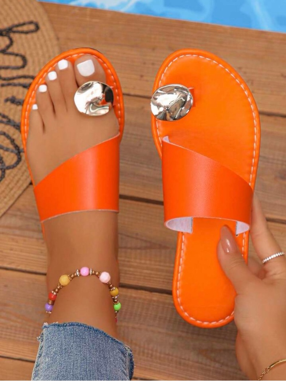 Women's Orange Slide Sandals with Gold Accent
